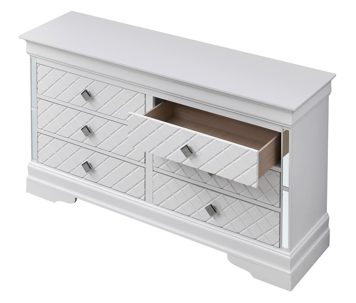 Silver Champagne Dresser with Embossed X Design and Chrome Pulls