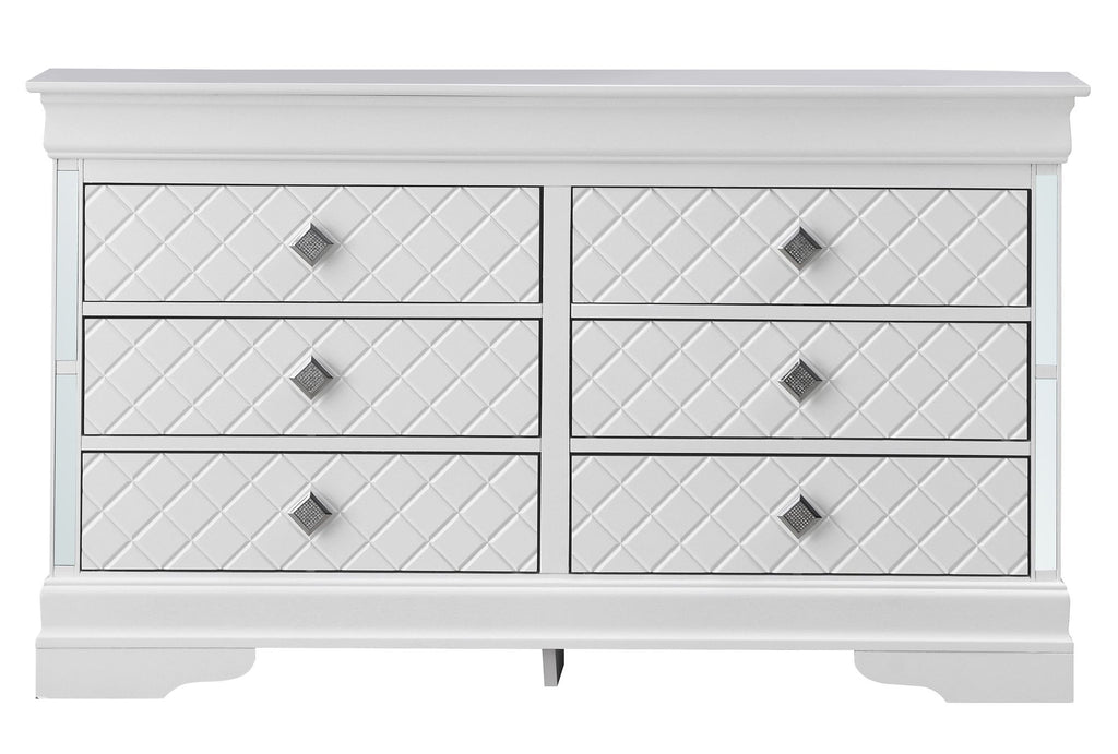 Silver Champagne Dresser with Embossed X Design and Chrome Pulls