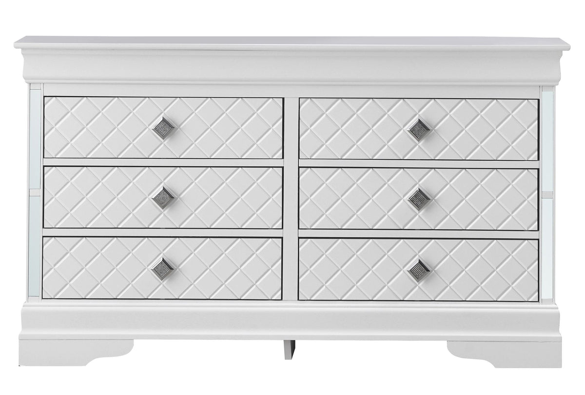 Silver Champagne Dresser with Embossed X Design and Chrome Pulls