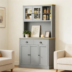 Gray and Oak Storage Cabinet with Adjustable Shelves and Cable Hole