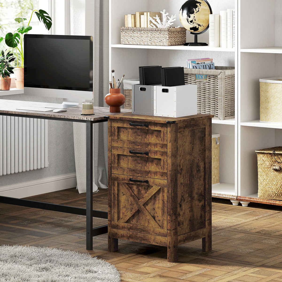 Vertical File Cabinet with 3 Drawers, Rustic Farmhouse Office Storage Cabinet for A4