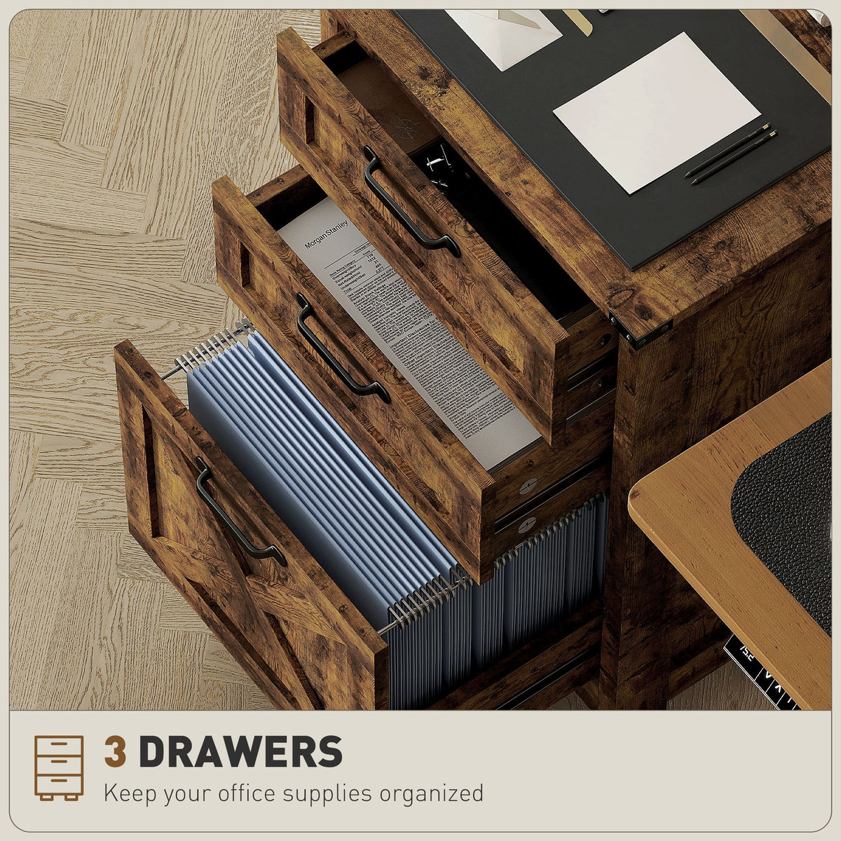 Vertical File Cabinet with 3 Drawers, Rustic Farmhouse Office Storage Cabinet for A4