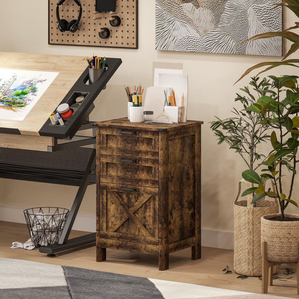 Vertical File Cabinet with 3 Drawers, Rustic Farmhouse Office Storage Cabinet for A4