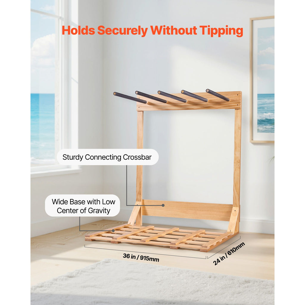 4-Tier Vertical Surfboard Stand – Freestanding Wooden Rack for Storage and Display
