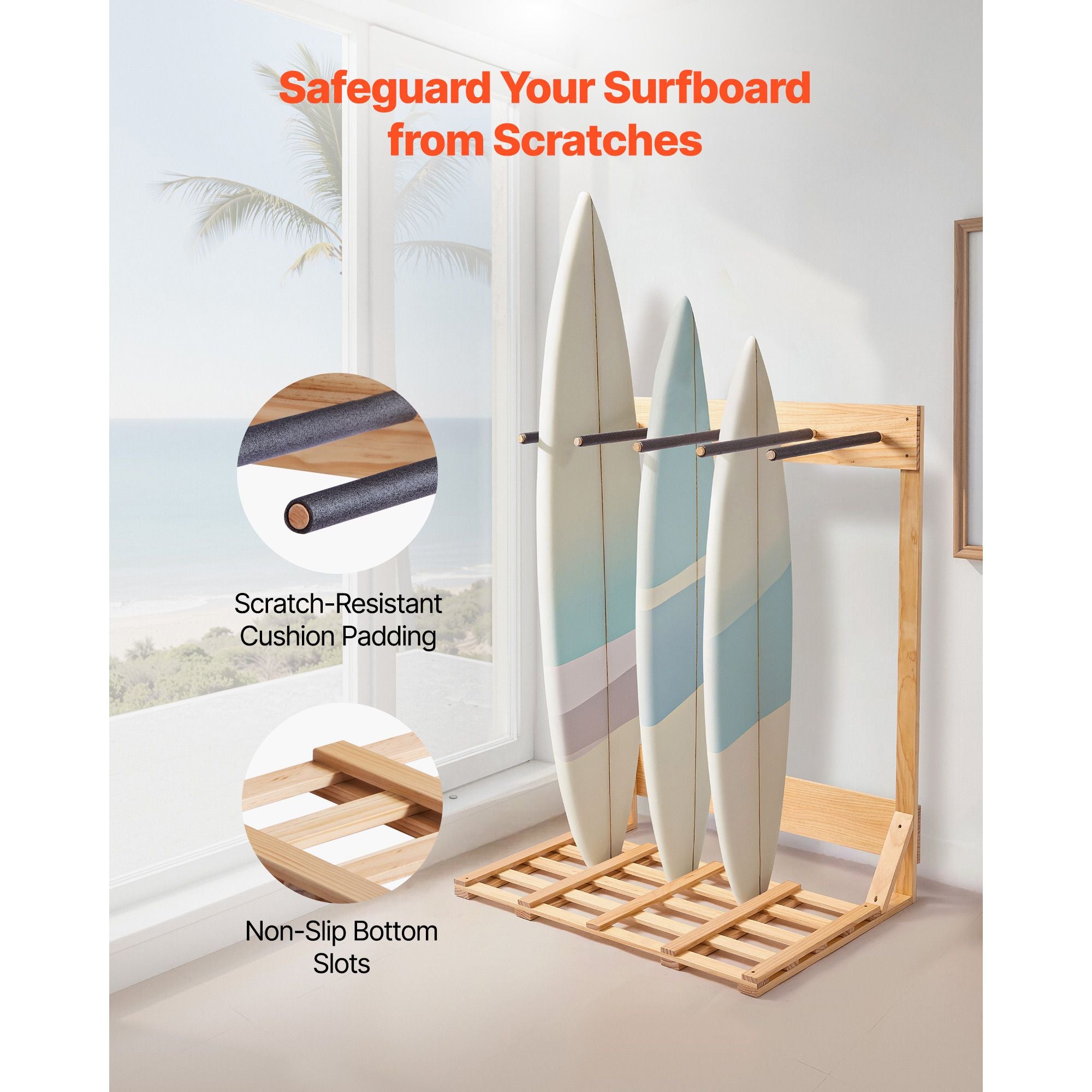 4-Tier Vertical Surfboard Stand – Freestanding Wooden Rack for Storage and Display