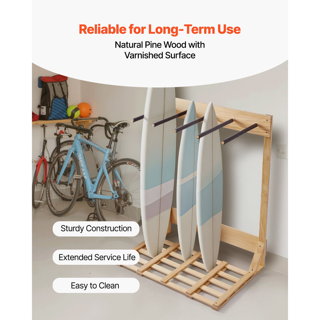 4-Tier Vertical Surfboard Stand – Freestanding Wooden Rack for Storage and Display