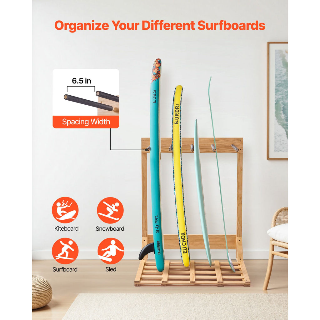 4-Tier Vertical Surfboard Stand – Freestanding Wooden Rack for Storage and Display