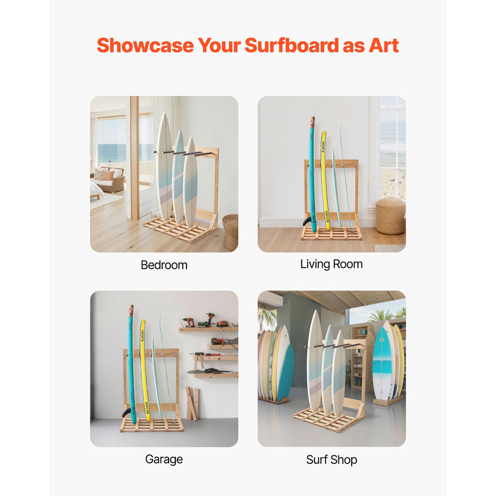 4-Tier Vertical Surfboard Stand – Freestanding Wooden Rack for Storage and Display