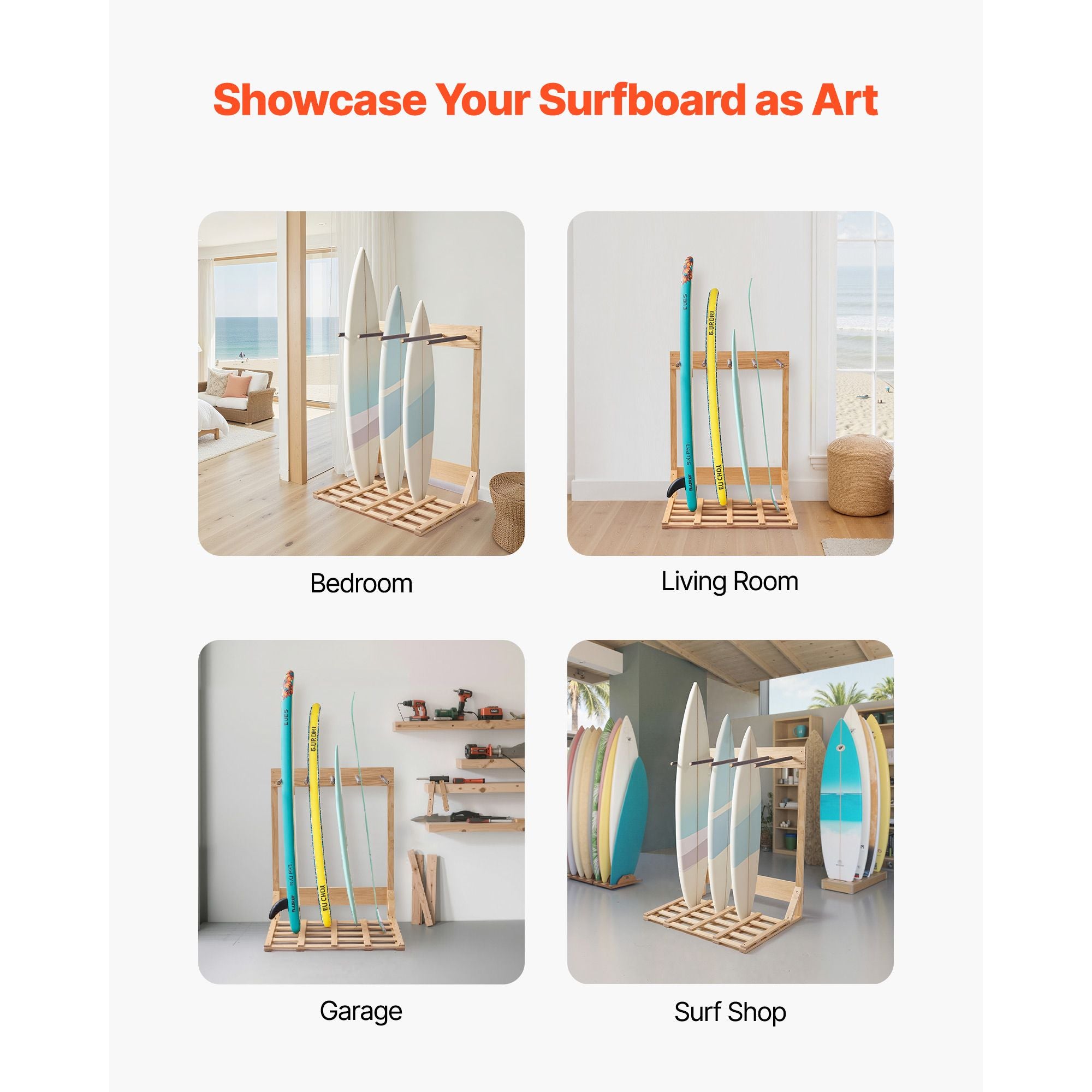 4-Tier Vertical Surfboard Stand – Freestanding Wooden Rack for Storage and Display