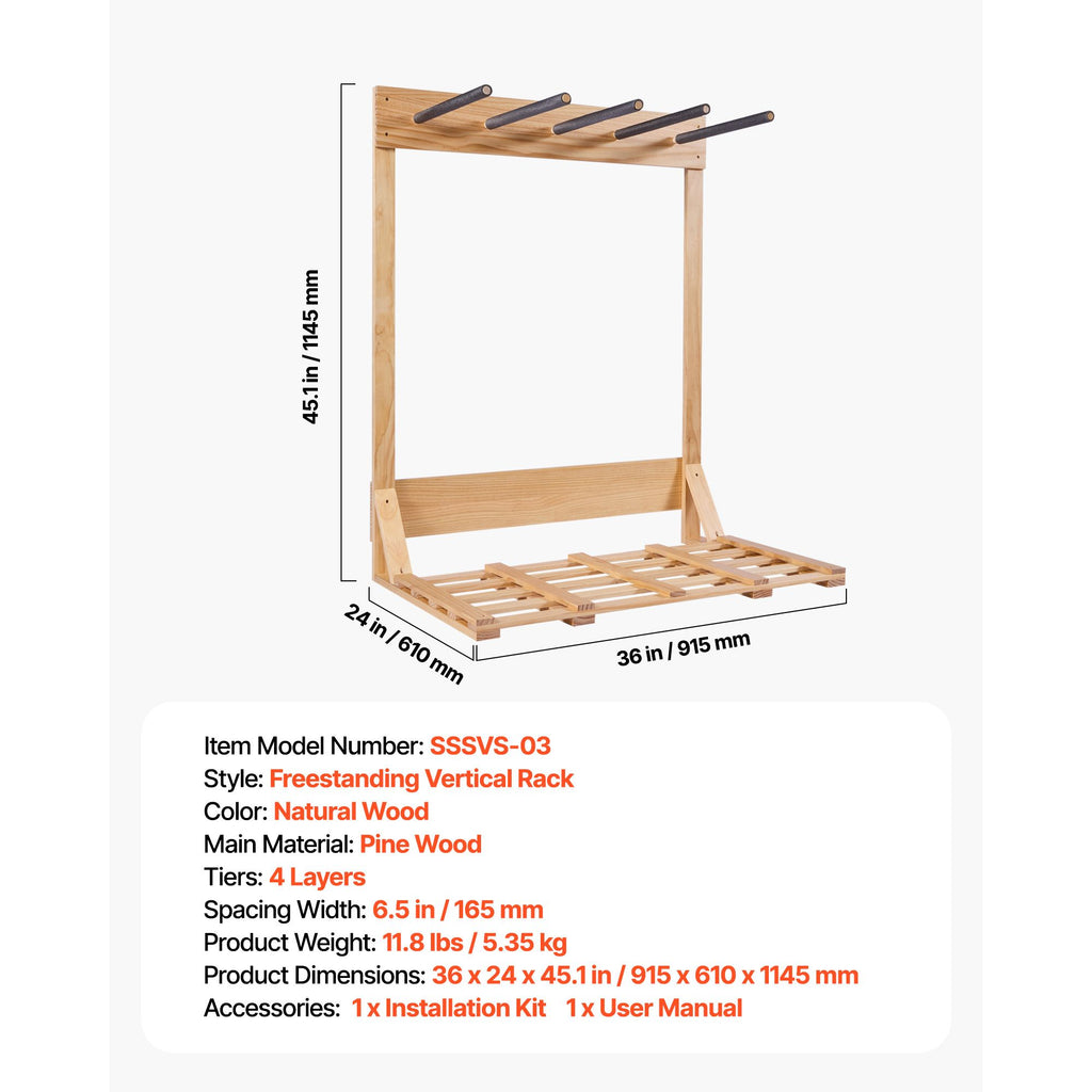 4-Tier Vertical Surfboard Stand – Freestanding Wooden Rack for Storage and Display