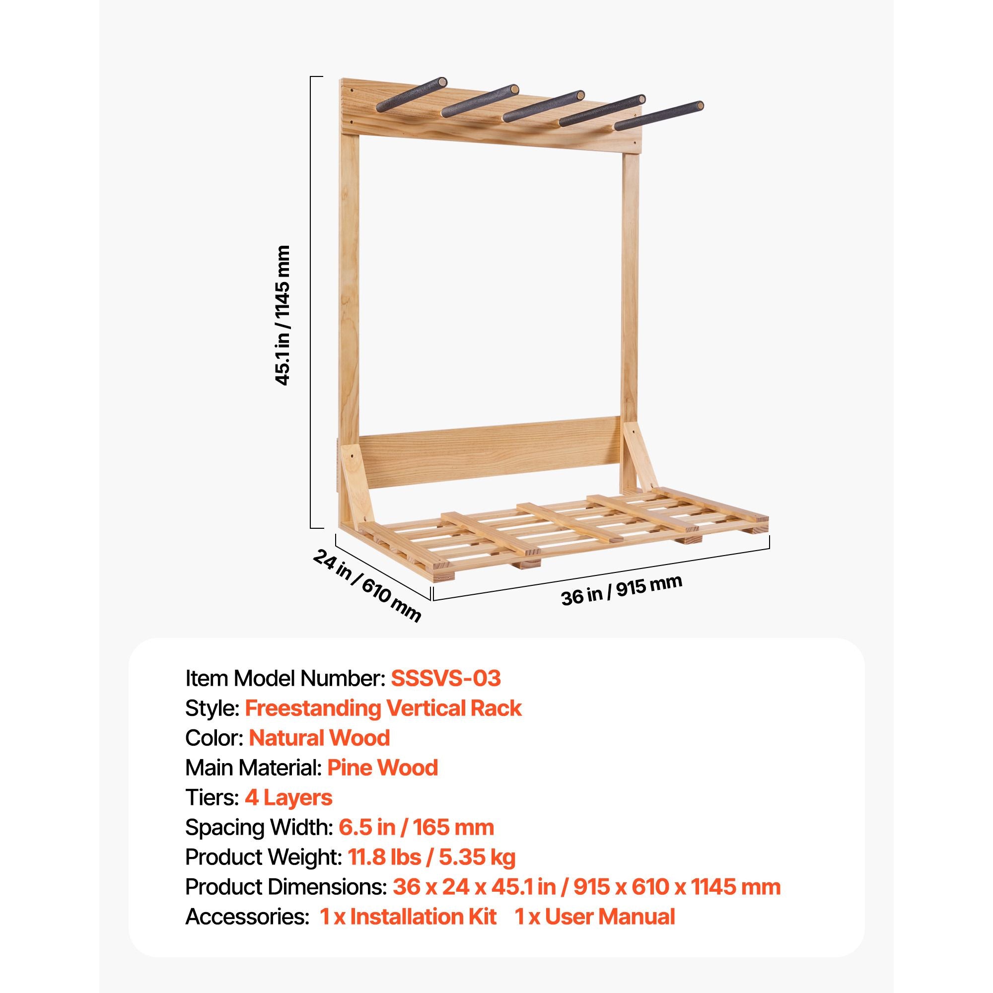 4-Tier Vertical Surfboard Stand – Freestanding Wooden Rack for Storage and Display