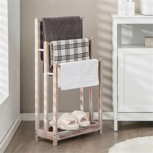 White Freestanding Towel Rack with Staggered Bars and Shelf