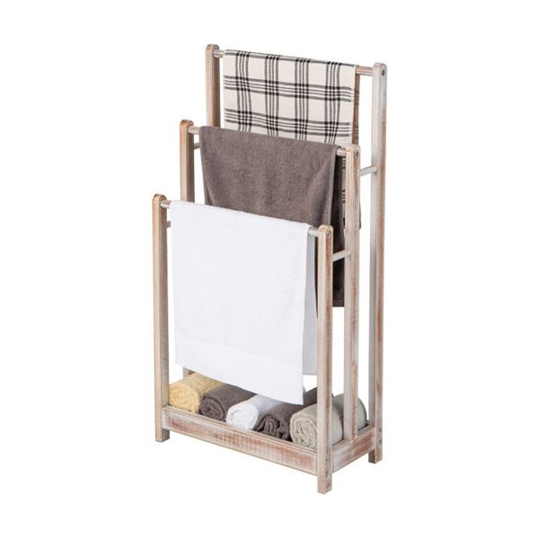 White Freestanding Towel Rack with Staggered Bars and Shelf