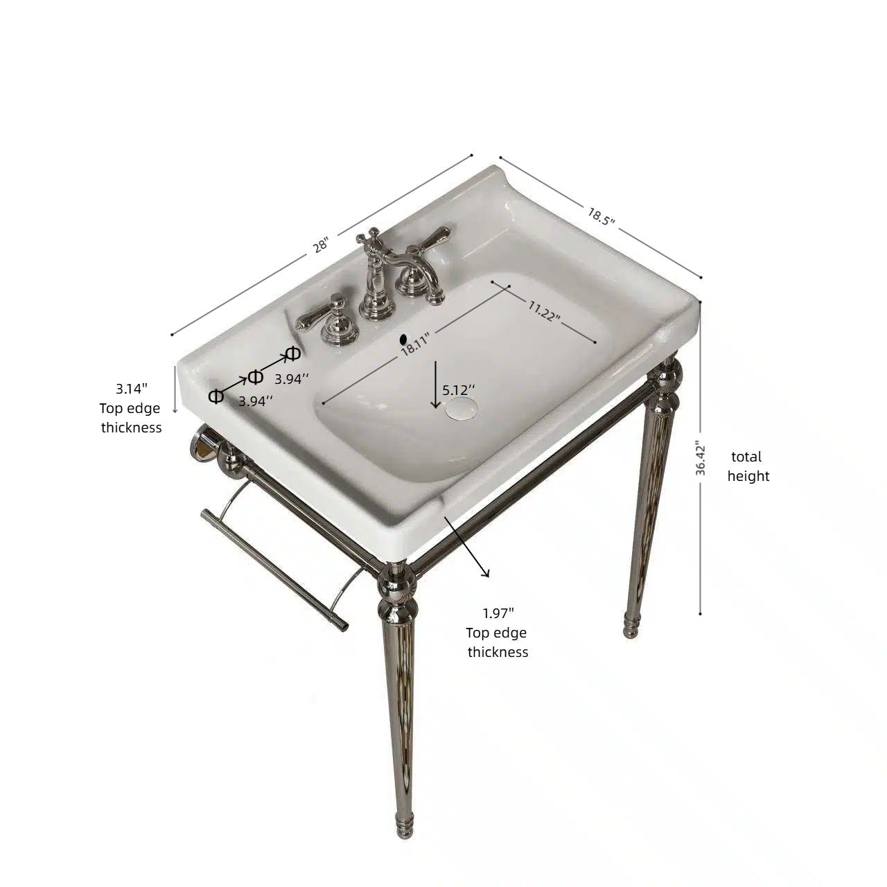 Wall-Mounted Bathroom Console Sink with Three Faucet Holes and Overflow