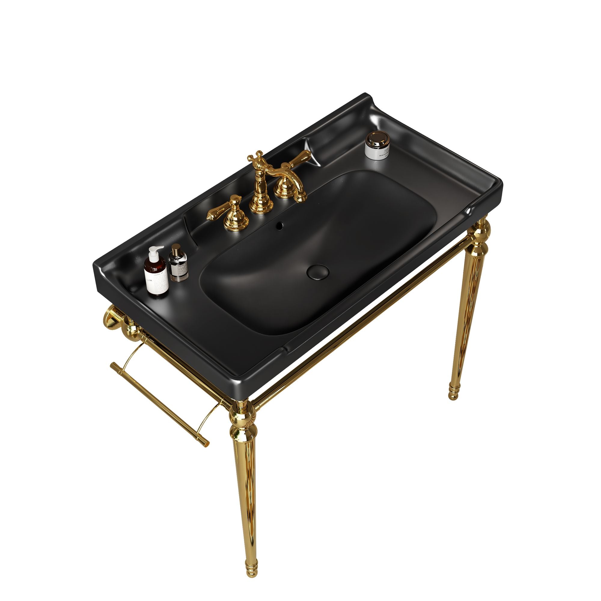 36- Wall-Mounted Black Ceramic Bathroom Console Sink with Stainless Steel Legs