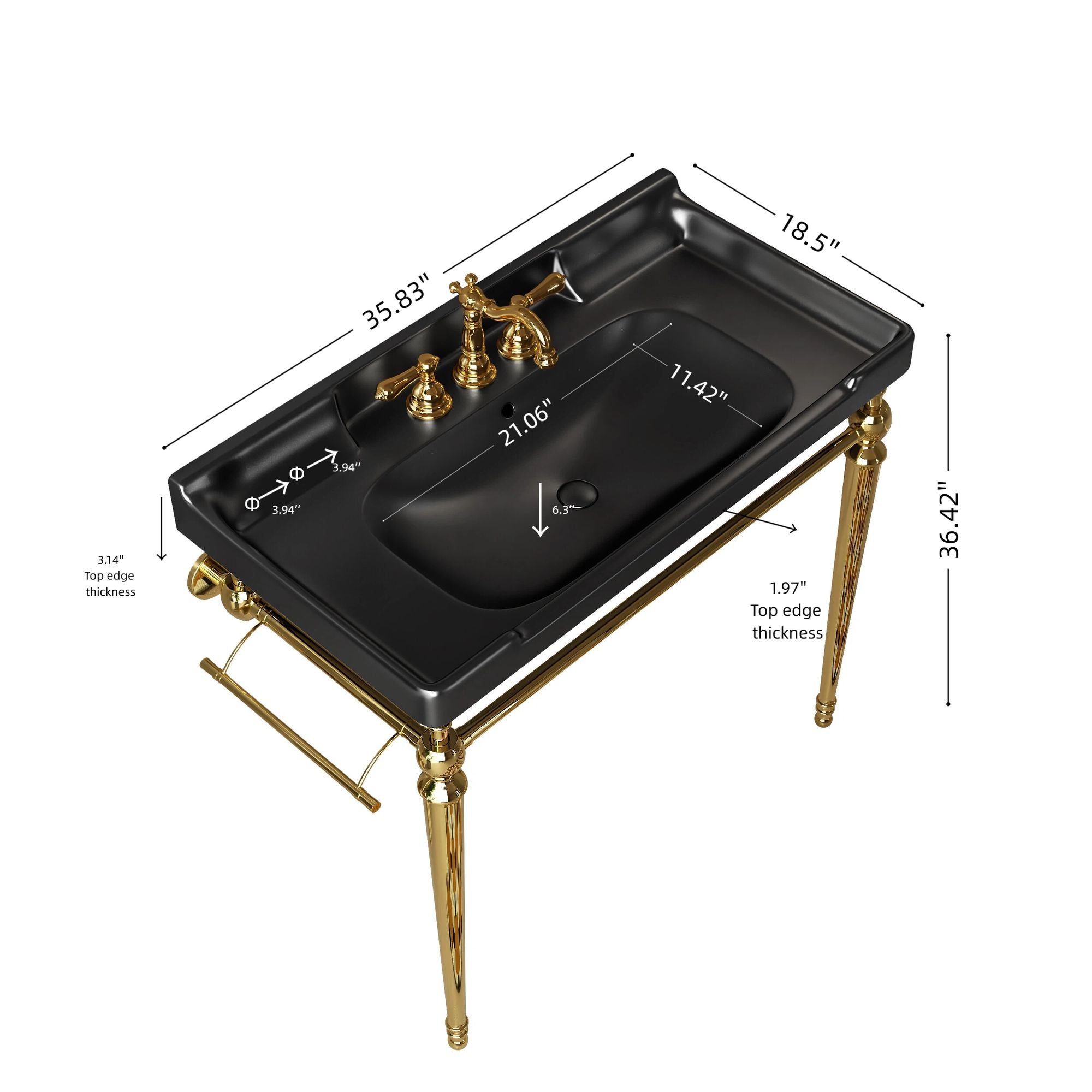36- Wall-Mounted Black Ceramic Bathroom Console Sink with Stainless Steel Legs