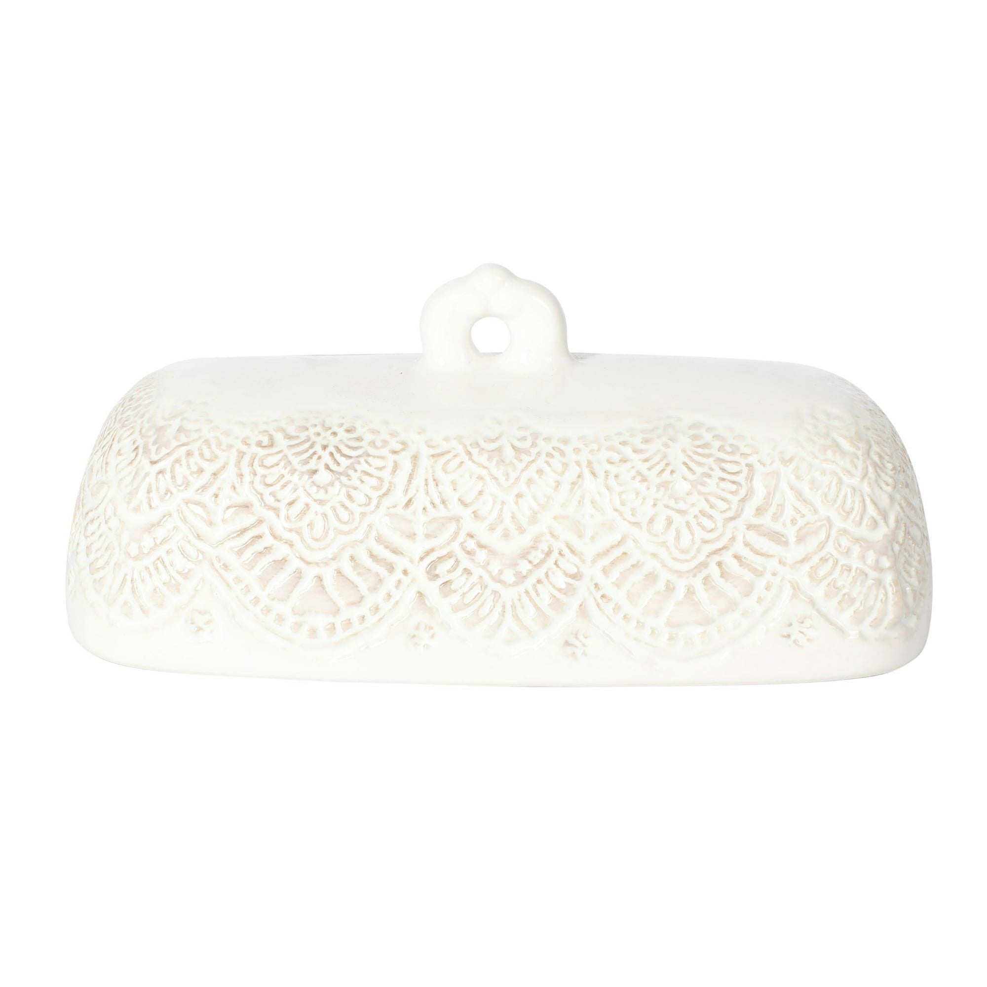 Butter Dish with Embossed Lace Design and Handled Lid