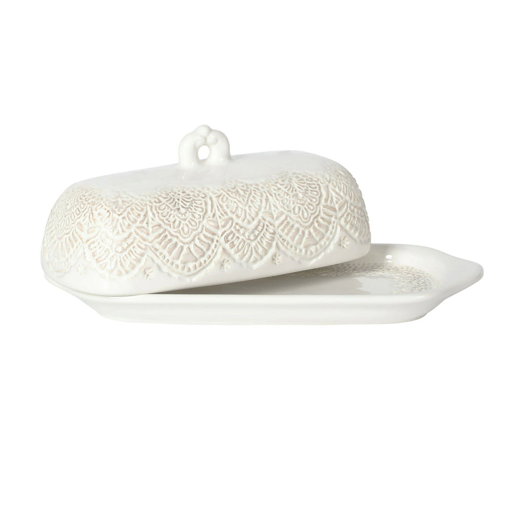 Butter Dish with Embossed Lace Design and Handled Lid