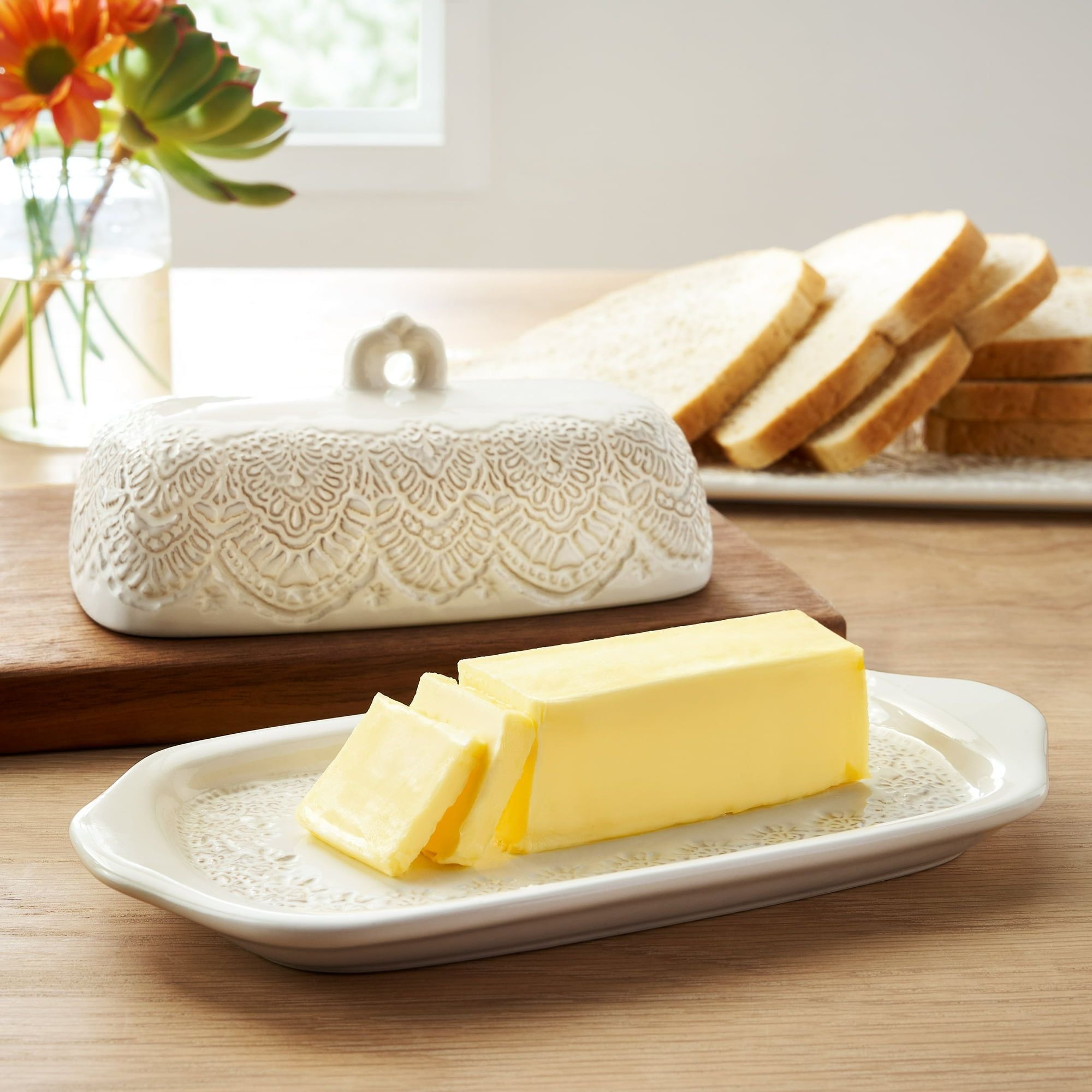 Butter Dish with Embossed Lace Design and Handled Lid