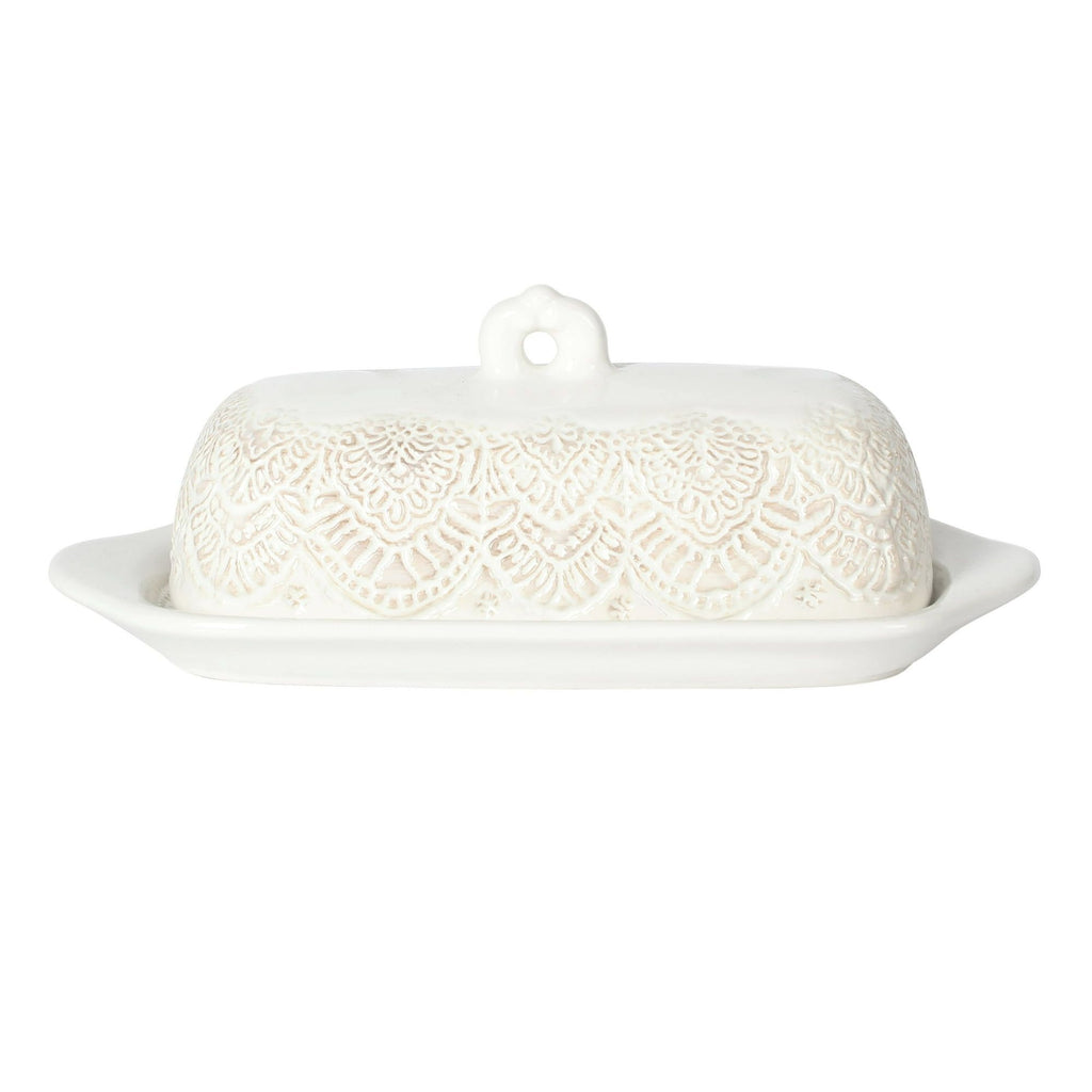 Butter Dish with Embossed Lace Design and Handled Lid