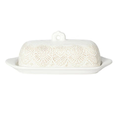 Butter Dish with Embossed Lace Design and Handled Lid