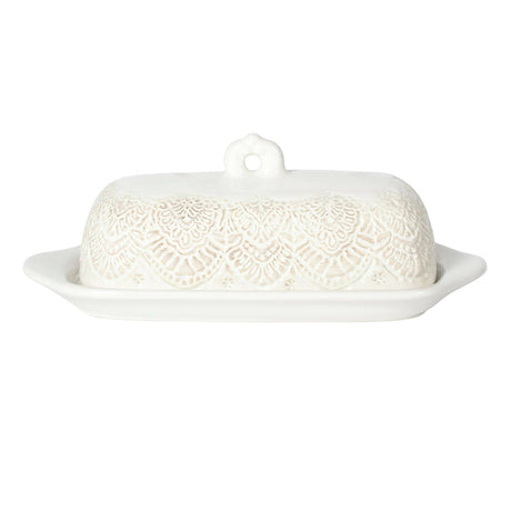 Butter Dish with Embossed Lace Design and Handled Lid