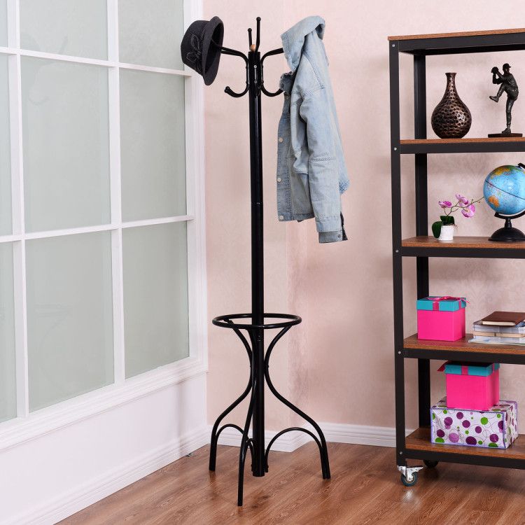 Vintage Metal Coat Rack with 5 Hooks and Umbrella Holder