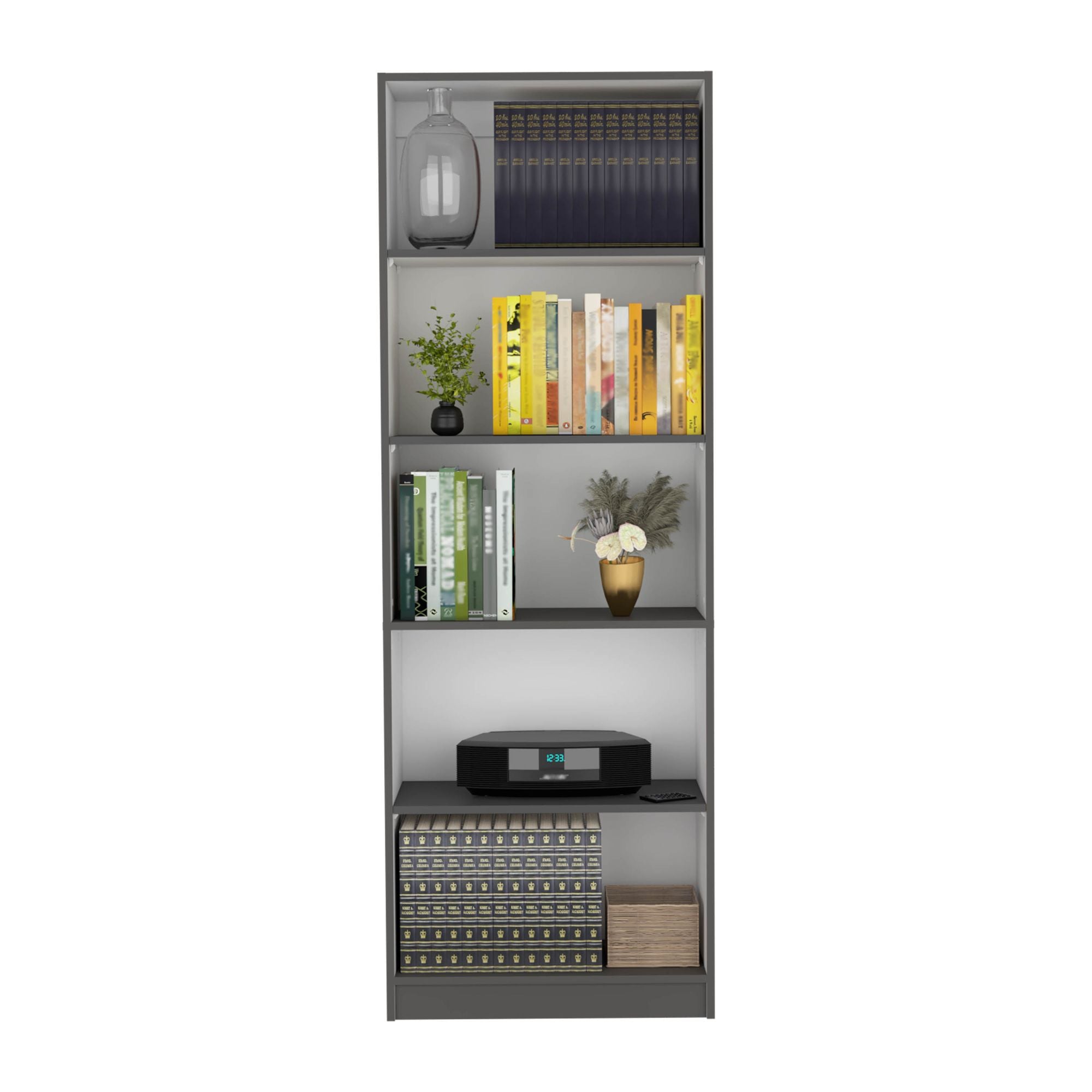 Vinton 4-Tier Bookcase with Modern Storage for Books and Decor, Matt Gray / White