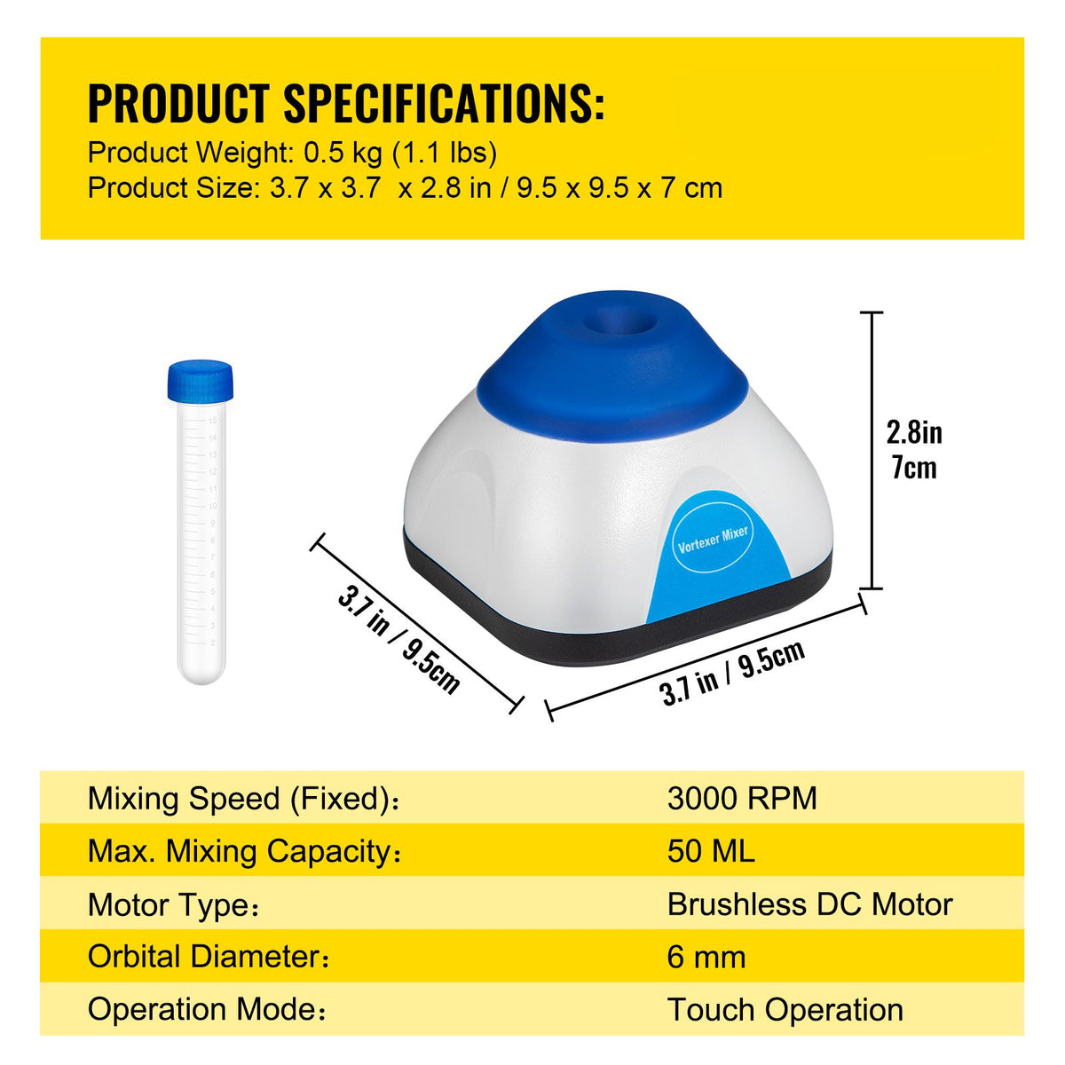 Vortex Mixer, 3000RPM Mini Vortex Mixer Shaker, Touch Function Scientific Lab Vortex Shaker, Mix Up
