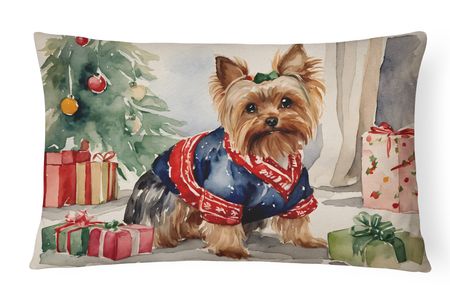 Waiting on Christmas Yorkie Indoor and Outdoor Throw Pillow