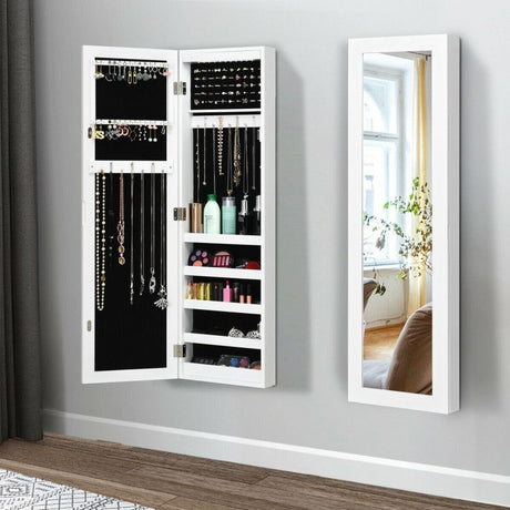 Wall and Door Mirrored Jewelry Cabinet with LED Light and Storage