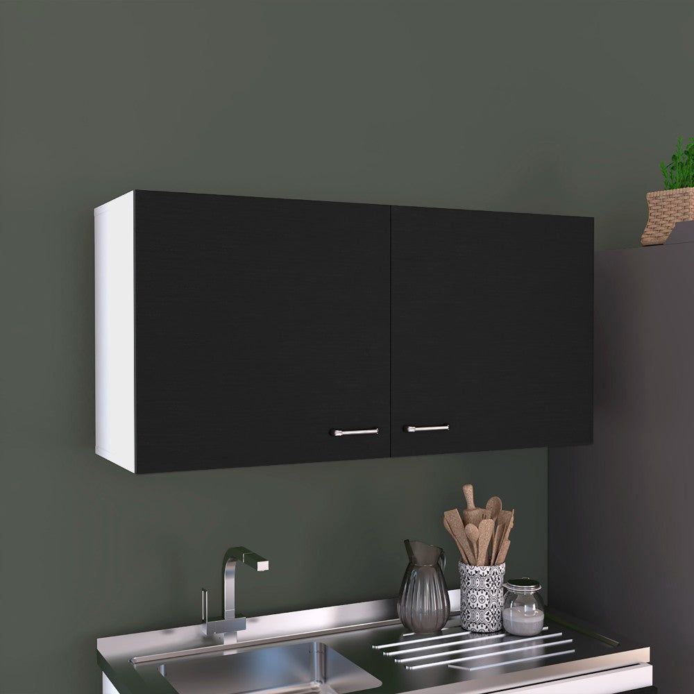 Wall Cabinet Toran with Two Shelves and Double Doors in Black Wengue Finish