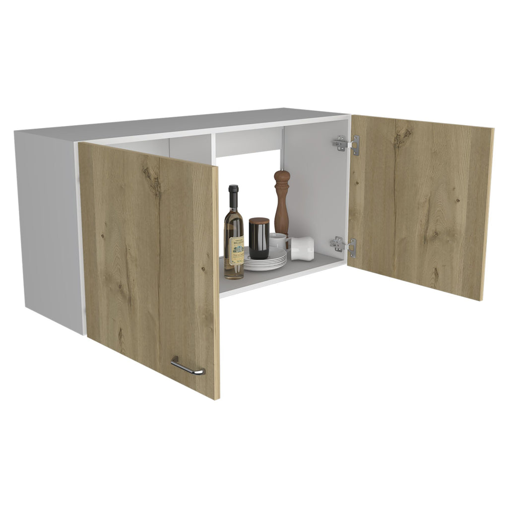 Double Door Wall Cabinet with Two Shelves - White and Light Oak Finish