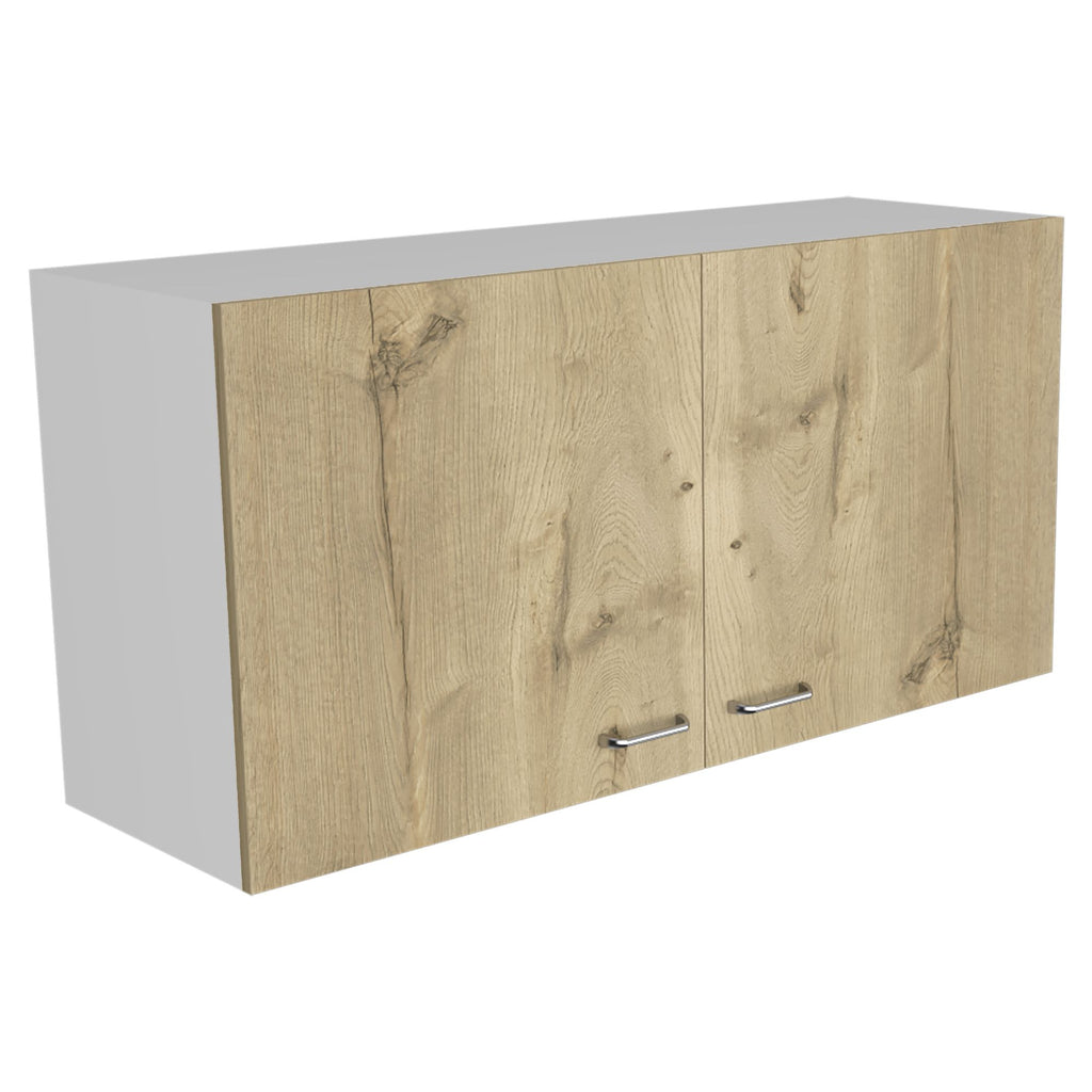 Double Door Wall Cabinet with Two Shelves - White and Light Oak Finish