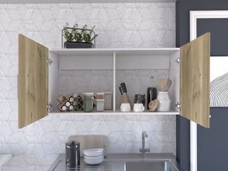 Double Door Wall Cabinet with Two Shelves - White and Light Oak Finish