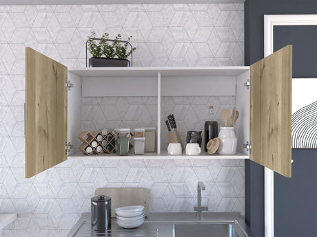 Double Door Wall Cabinet with Two Shelves - White and Light Oak Finish