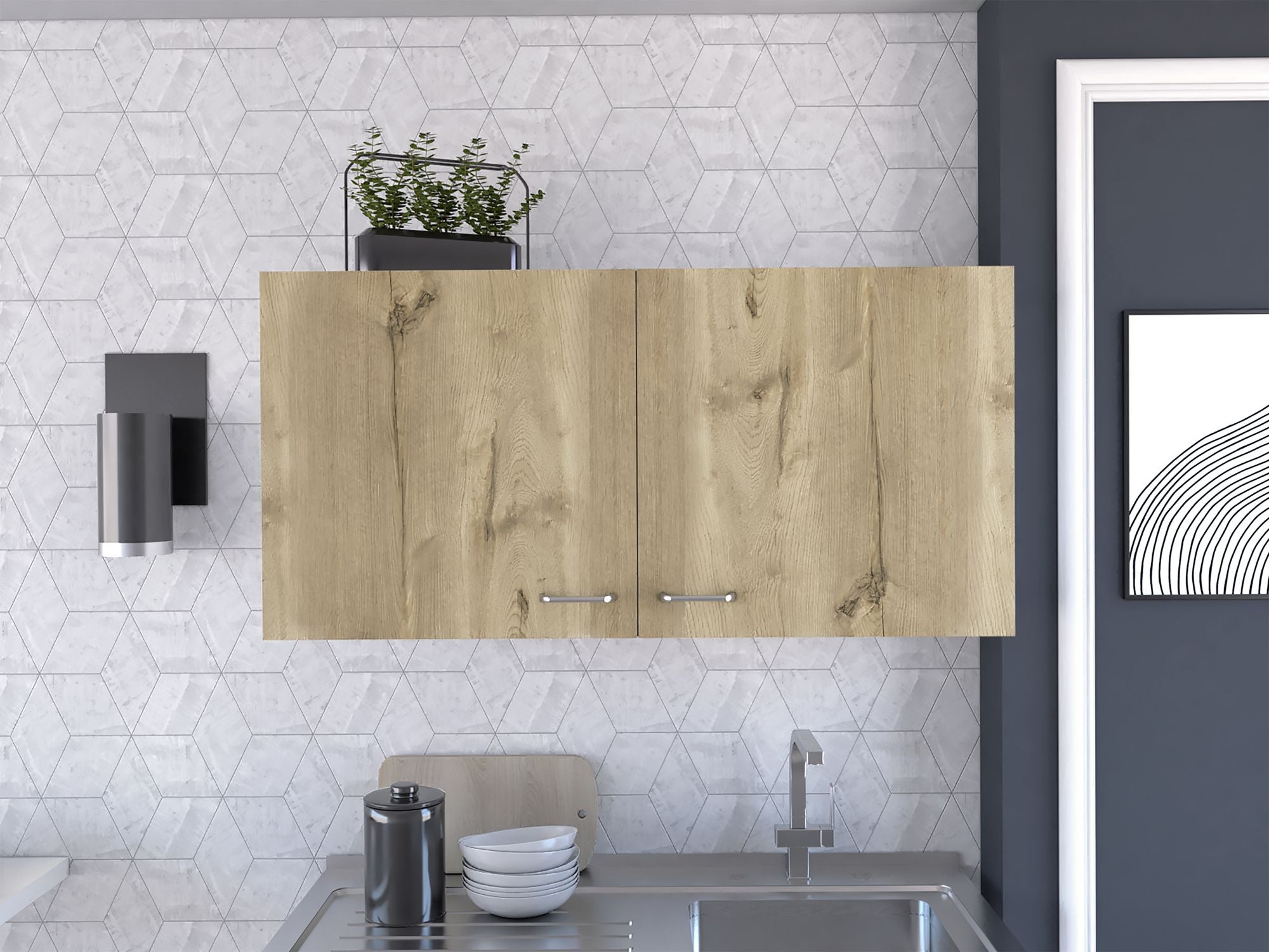 Double Door Wall Cabinet with Two Shelves - White and Light Oak Finish