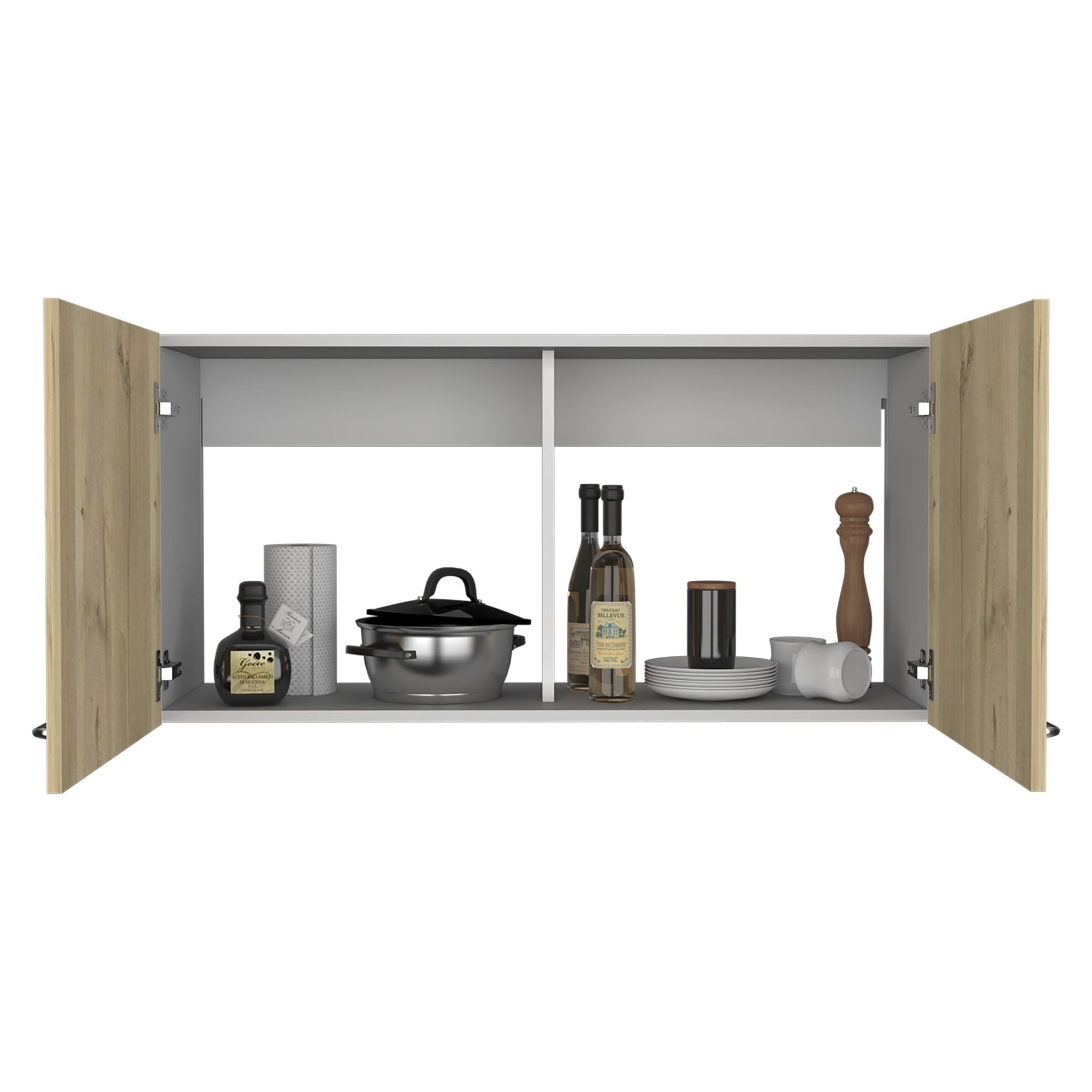 Double Door Wall Cabinet with Two Shelves - White and Light Oak Finish