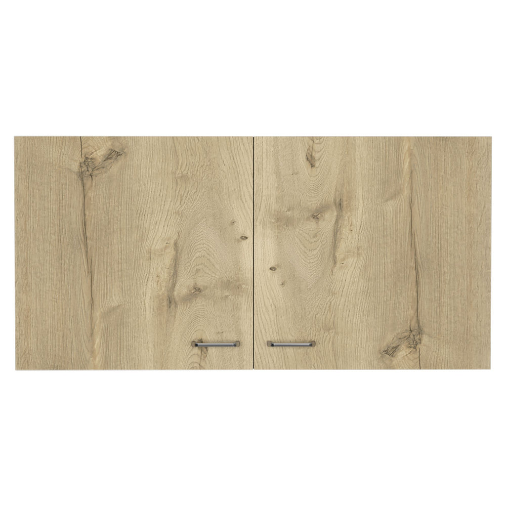Double Door Wall Cabinet with Two Shelves - White and Light Oak Finish