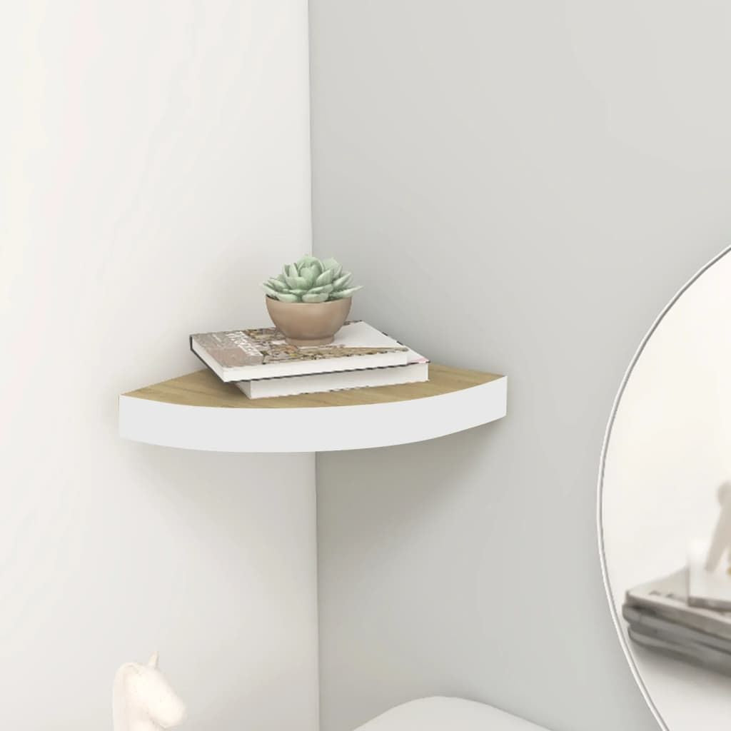 Wall Corner Shelf Oak and White 13.7"x13.7"x1. MDF