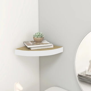 Oak and White Wall Corner Shelf - Floating Display for Bedroom, Living Room, Office