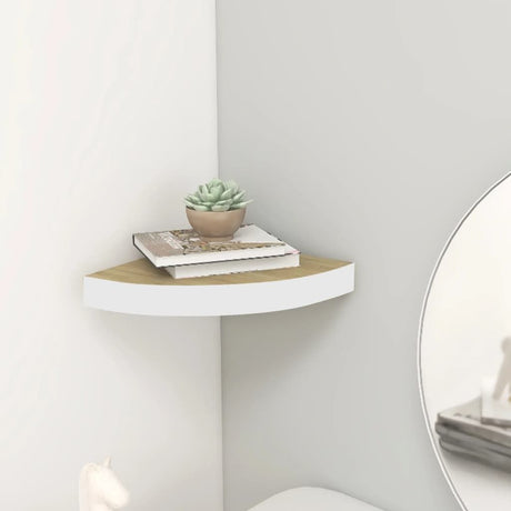 Oak and White Wall Corner Shelf - Floating Display for Bedroom, Living Room, Office