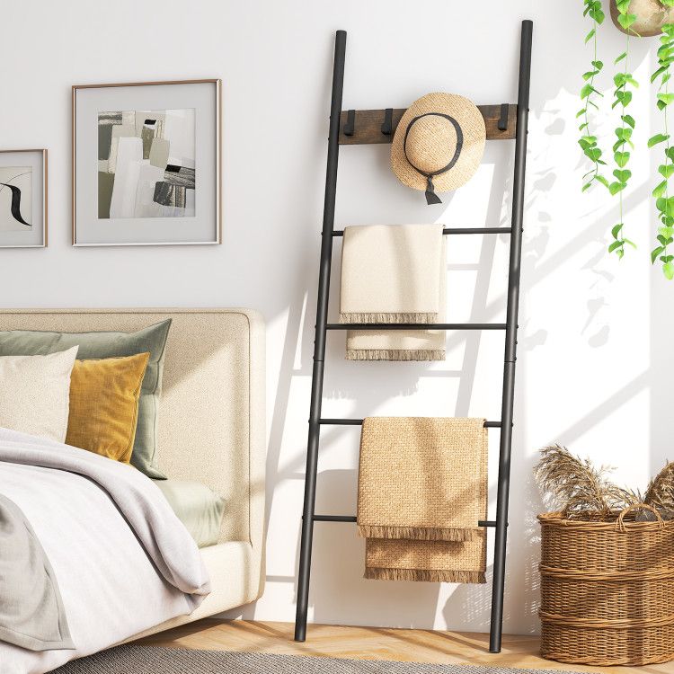 5-Tier Wall-Leaning Blanket Holder with Removable Hooks