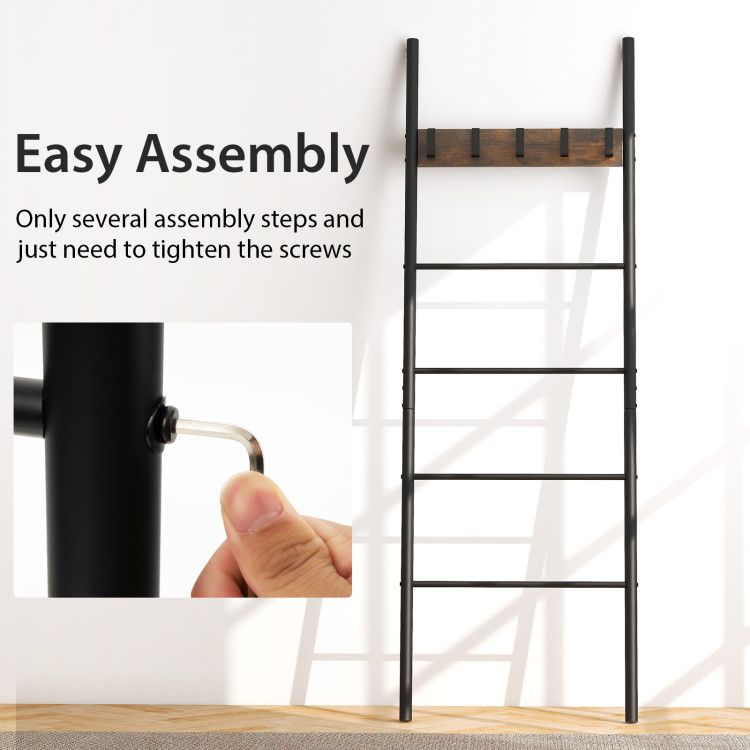 5-Tier Wall-Leaning Blanket Holder with Removable Hooks
