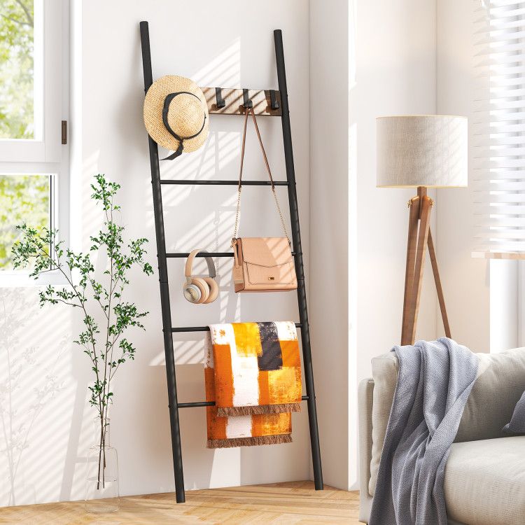 5-Tier Wall-Leaning Blanket Holder with Removable Hooks