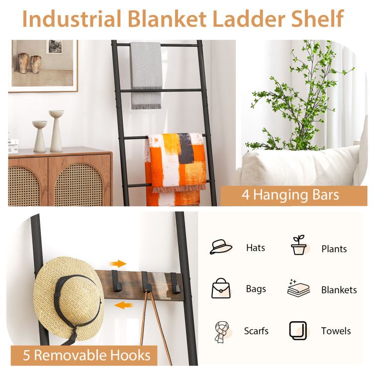 5-Tier Wall-Leaning Blanket Holder with Removable Hooks