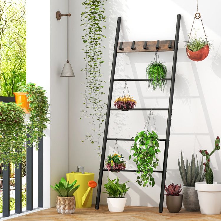 5-Tier Wall-Leaning Blanket Holder with Removable Hooks