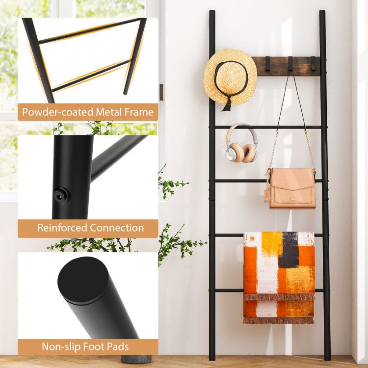 5-Tier Wall-Leaning Blanket Holder with Removable Hooks