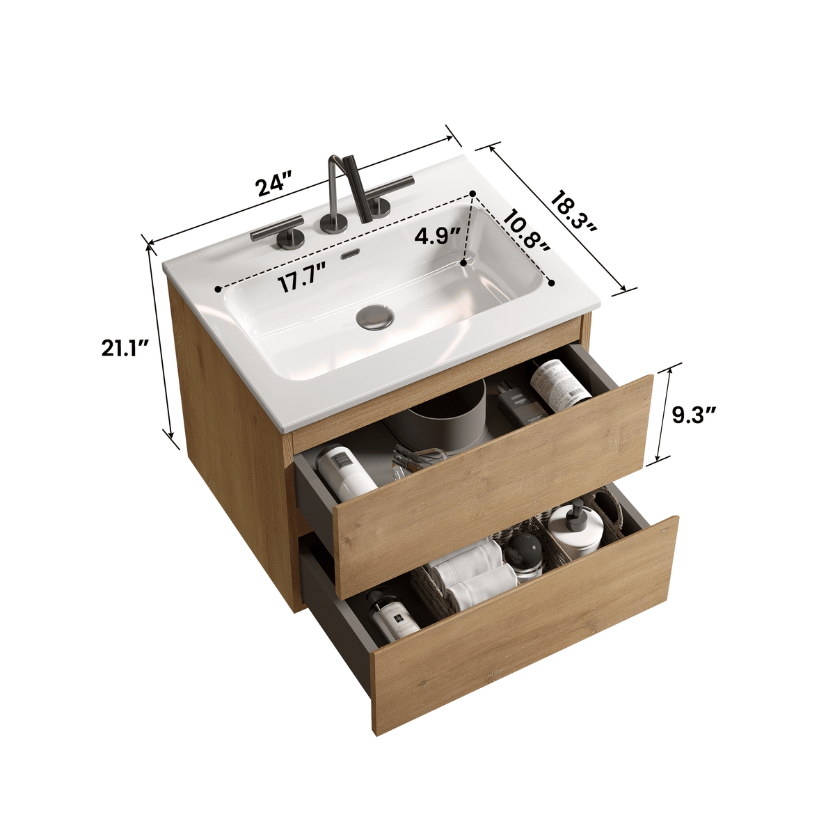 24- Natural Oak Bathroom Vanity with Ceramic Sink and Soft-Closing Drawers