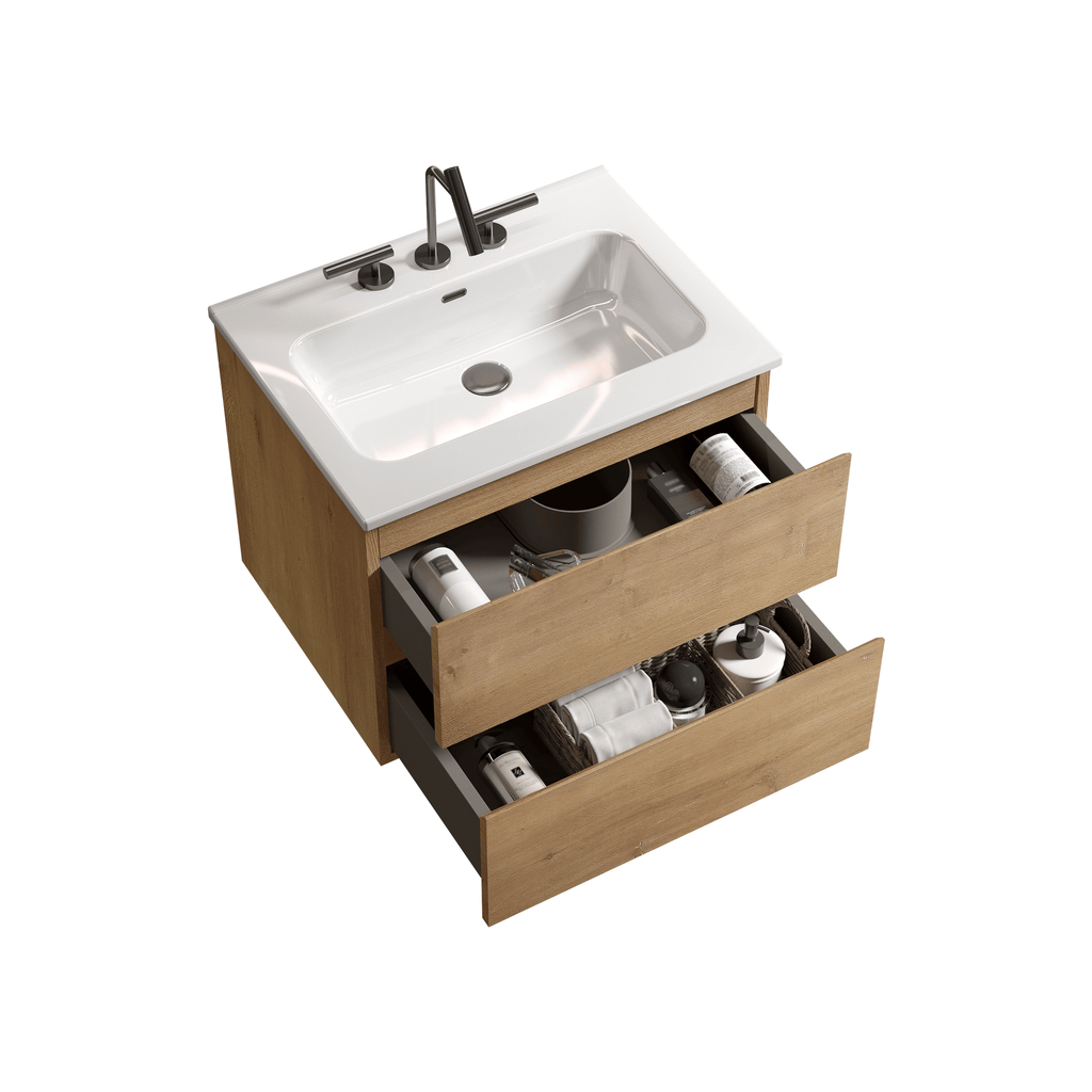 24- Natural Oak Bathroom Vanity with Ceramic Sink and Soft-Closing Drawers